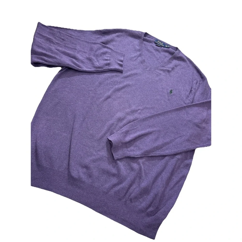 Polo Ralph Lauren Pima Cotton V neck Green Pony Purple Holiday Sweater Men's XXL
